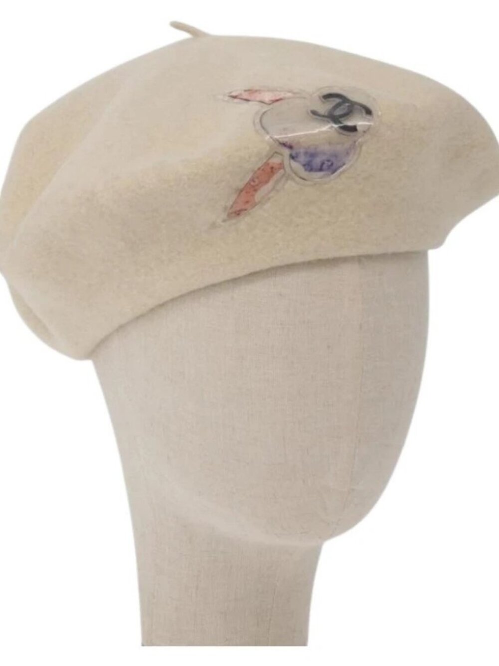 CHANEL Hat Wool Ivory CC Auth 176523A